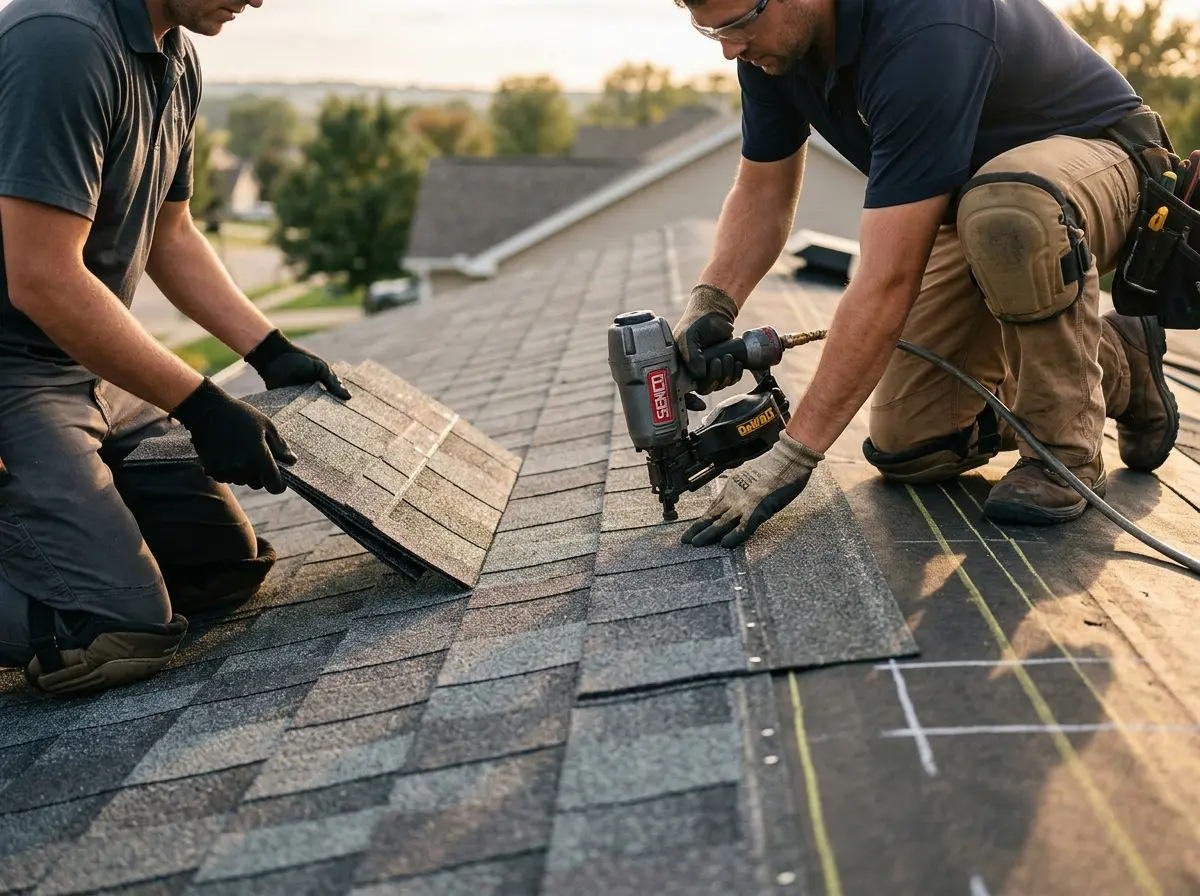 Professional roofer working on a residential roof in Fort Wright